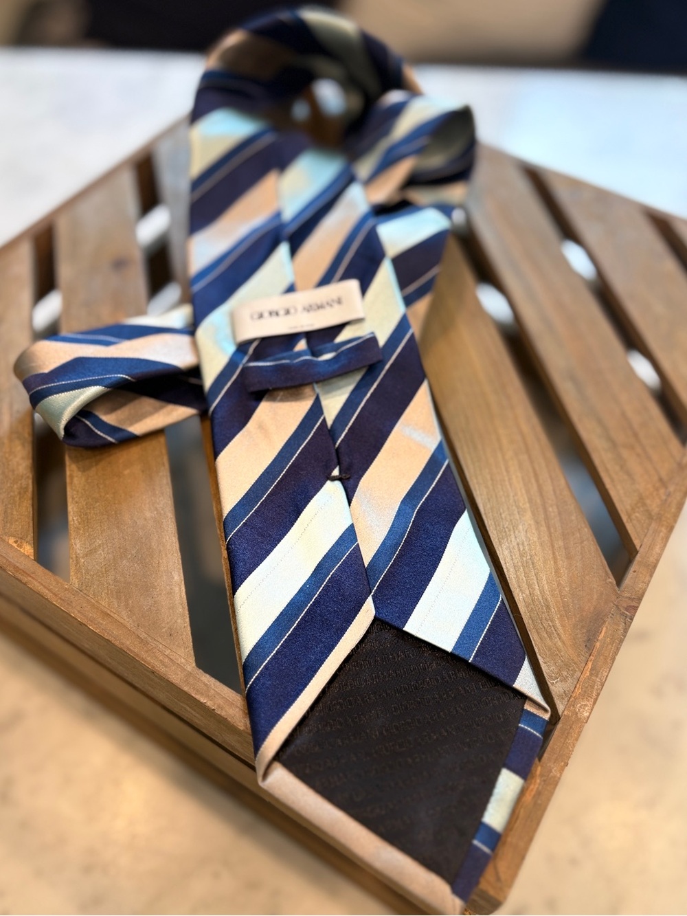Giorgio Armani Men's Silk Tie, Navy/Beige/Lt Blue Diagonal Stripe, NWOT, - Picture 5 of 8